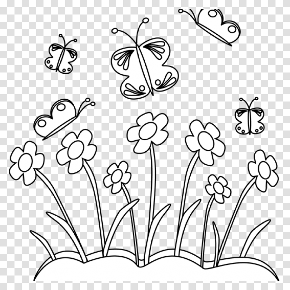 Spring Flowers Black And White Flower Garden Clipart Black And White, Floral Design, Pattern, Stencil Transparent Png