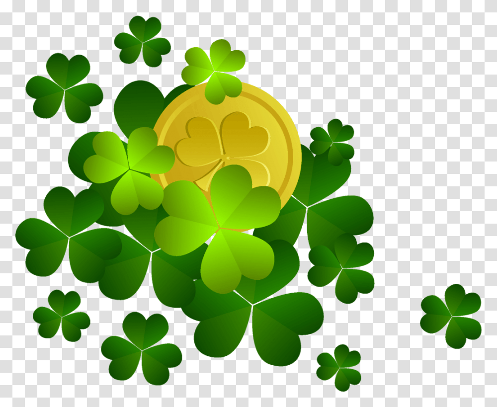 St Patricks Shamrocks With Coin Decor Clipart Background St Patricks Day Clipart, Green, Floral Design, Pattern Transparent Png