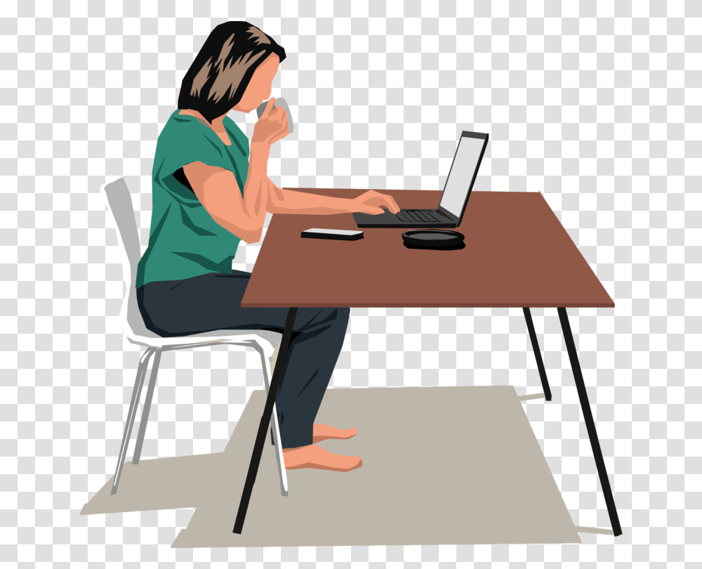 Standinghuman Behaviorangle Person Sitting At Computer Clipart, Furniture, Table, Desk, Laptop Transparent Png