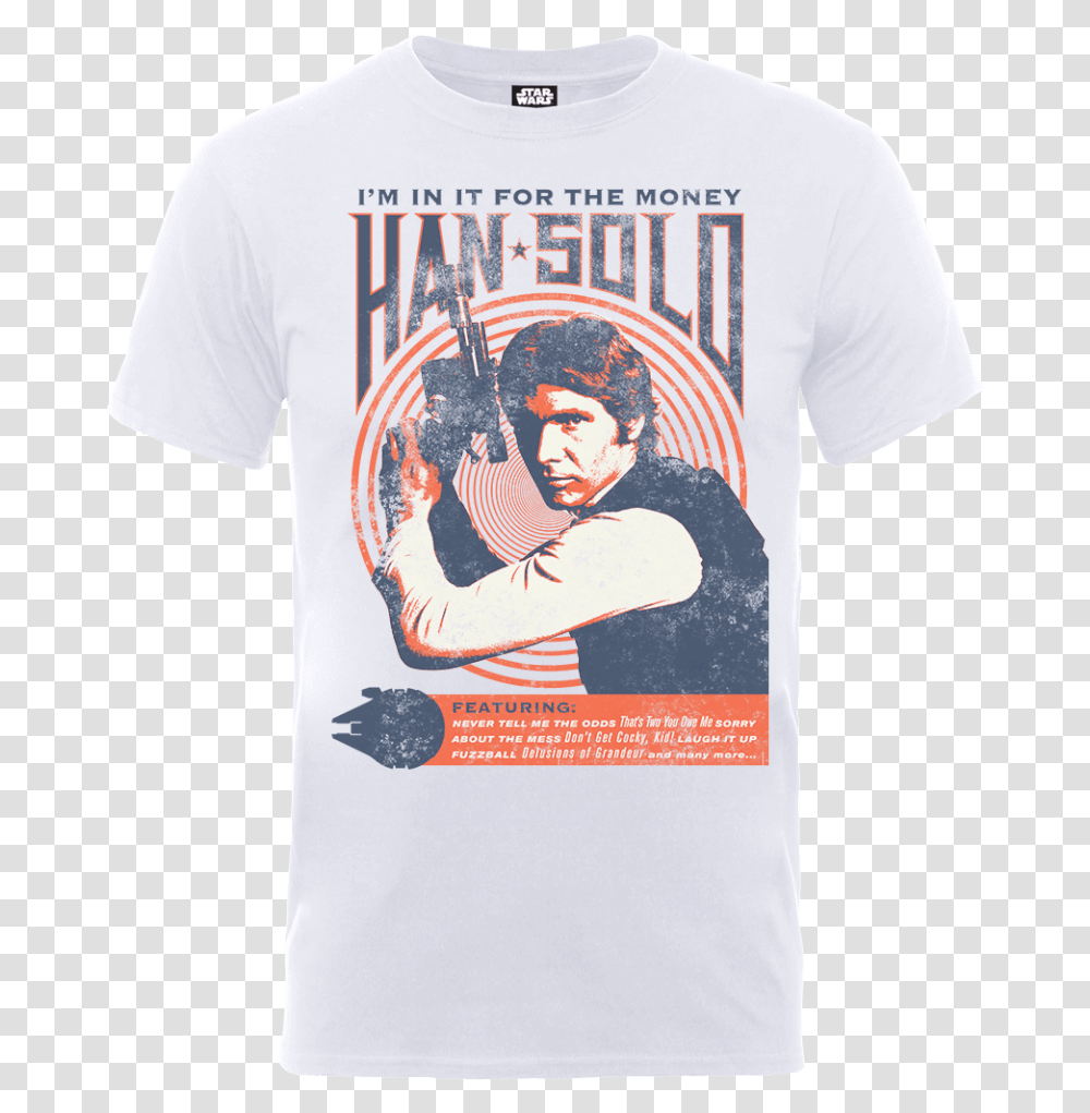 Star Wars Han Solo Retro Poster T Shirt White Star Wars Harrison Ford Poster, Clothing, Apparel, T-Shirt, Person Transparent Png
