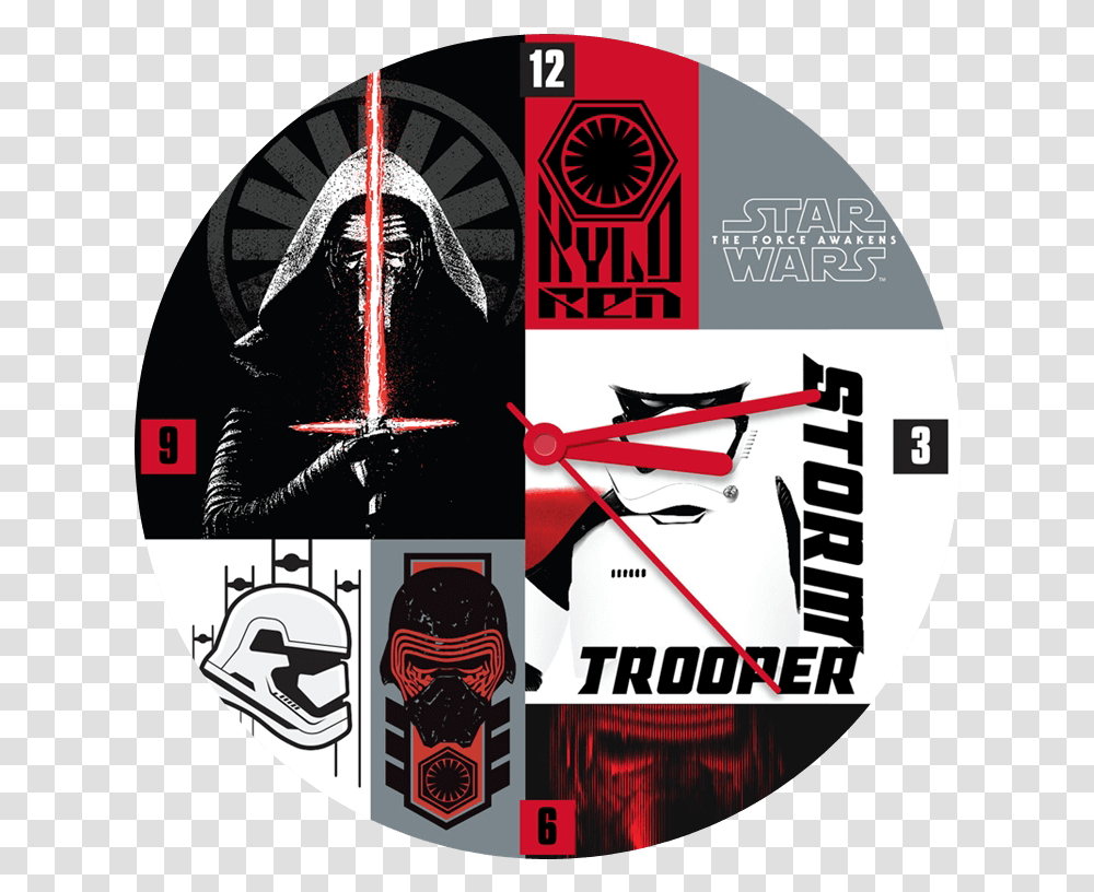Star Wars The Force Awakens Wall Clock Graphic Design, Label, Person, Human Transparent Png