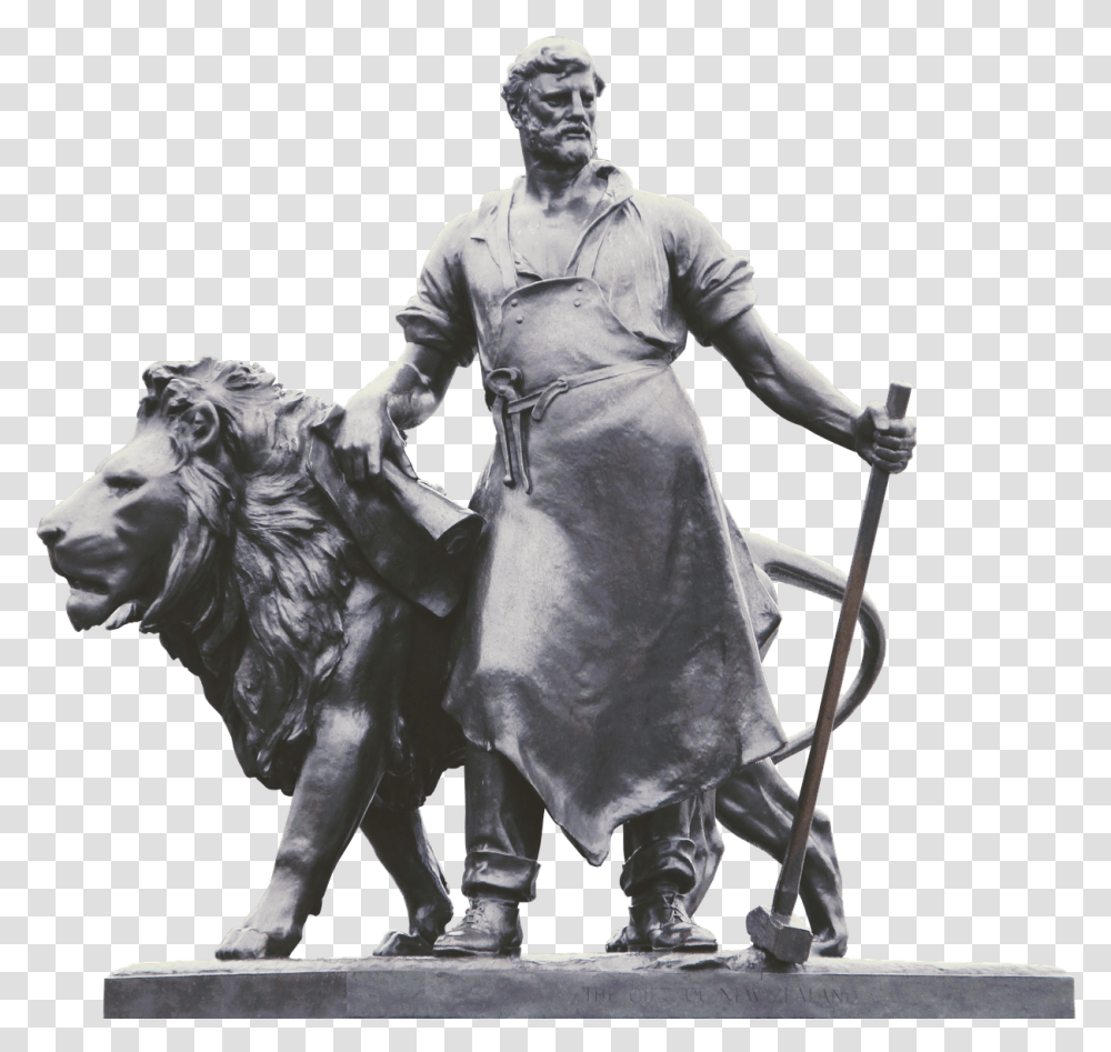 Statue Lion Blacksmith Free Picture Blacksmith And Lion Sculpture, Figurine, Person, Human Transparent Png