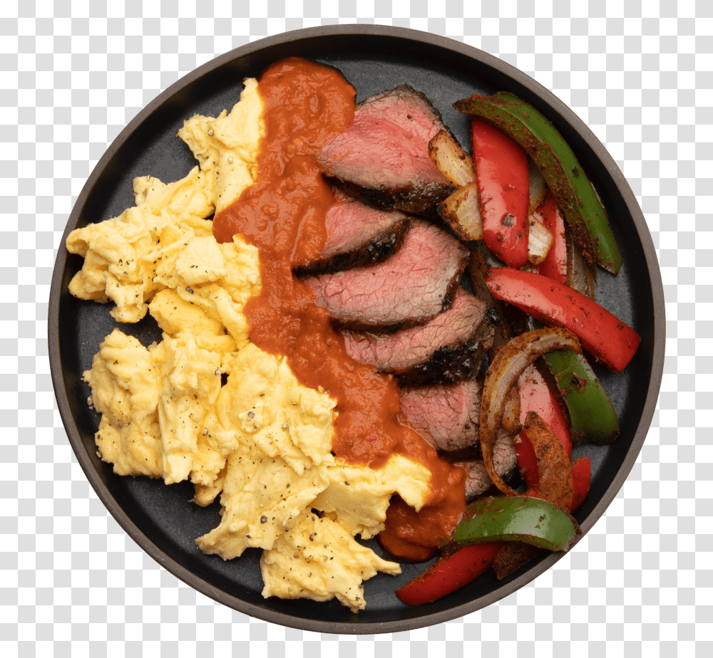 Steak Amp Eggs Scrambled Eggs, Food, Dish, Meal, Pork Transparent Png