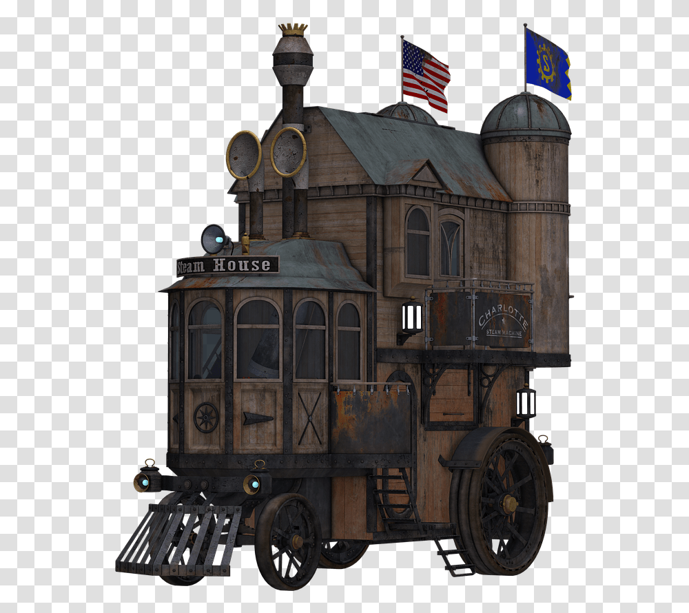 Steampunk Locomotive Side View Steampunk Flying Train, Flag, Vehicle, Transportation Transparent Png