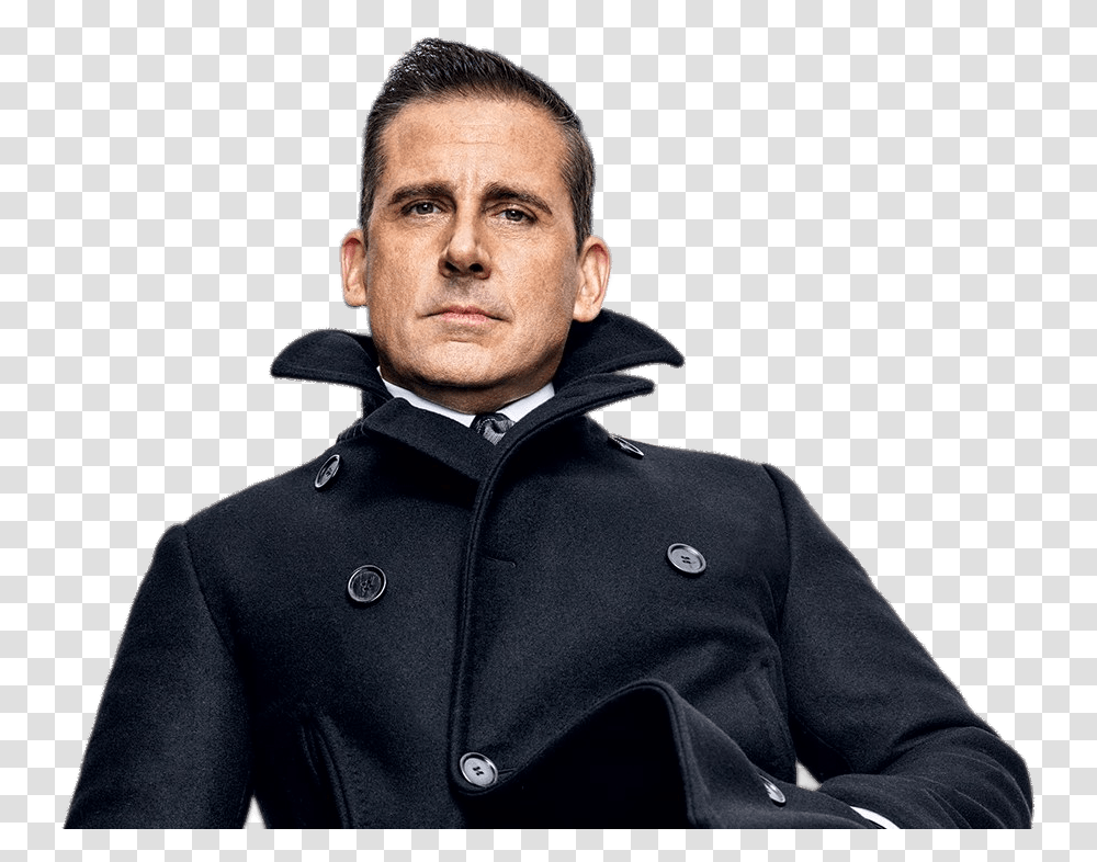Steve Carell Posing For Gq Popped Collar Peacoat, Apparel, Overcoat, Person Transparent Png