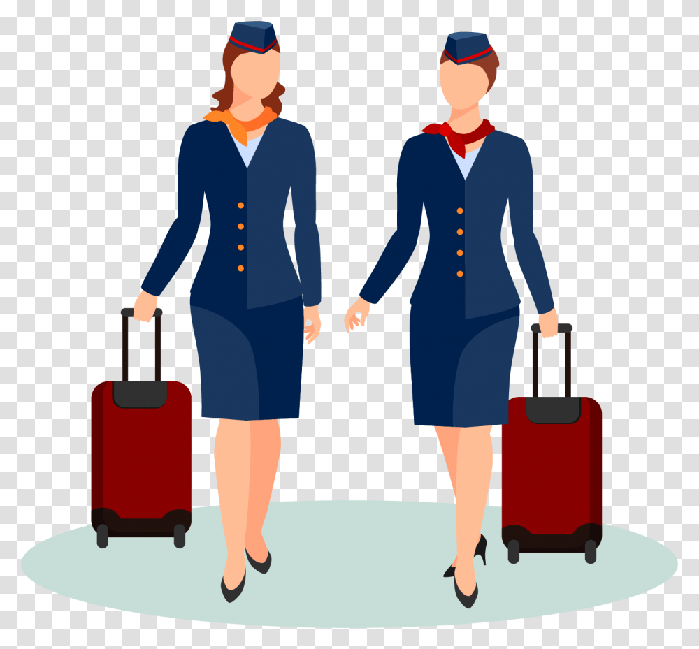 Stewardess Cartoon Flight Attendant, Person, Human, Luggage, Long Sleeve Transparent Png