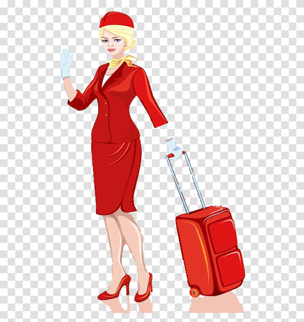 Stewardess Flight Attendant With Baggage, Person, Human, Luggage, Suitcase Transparent Png