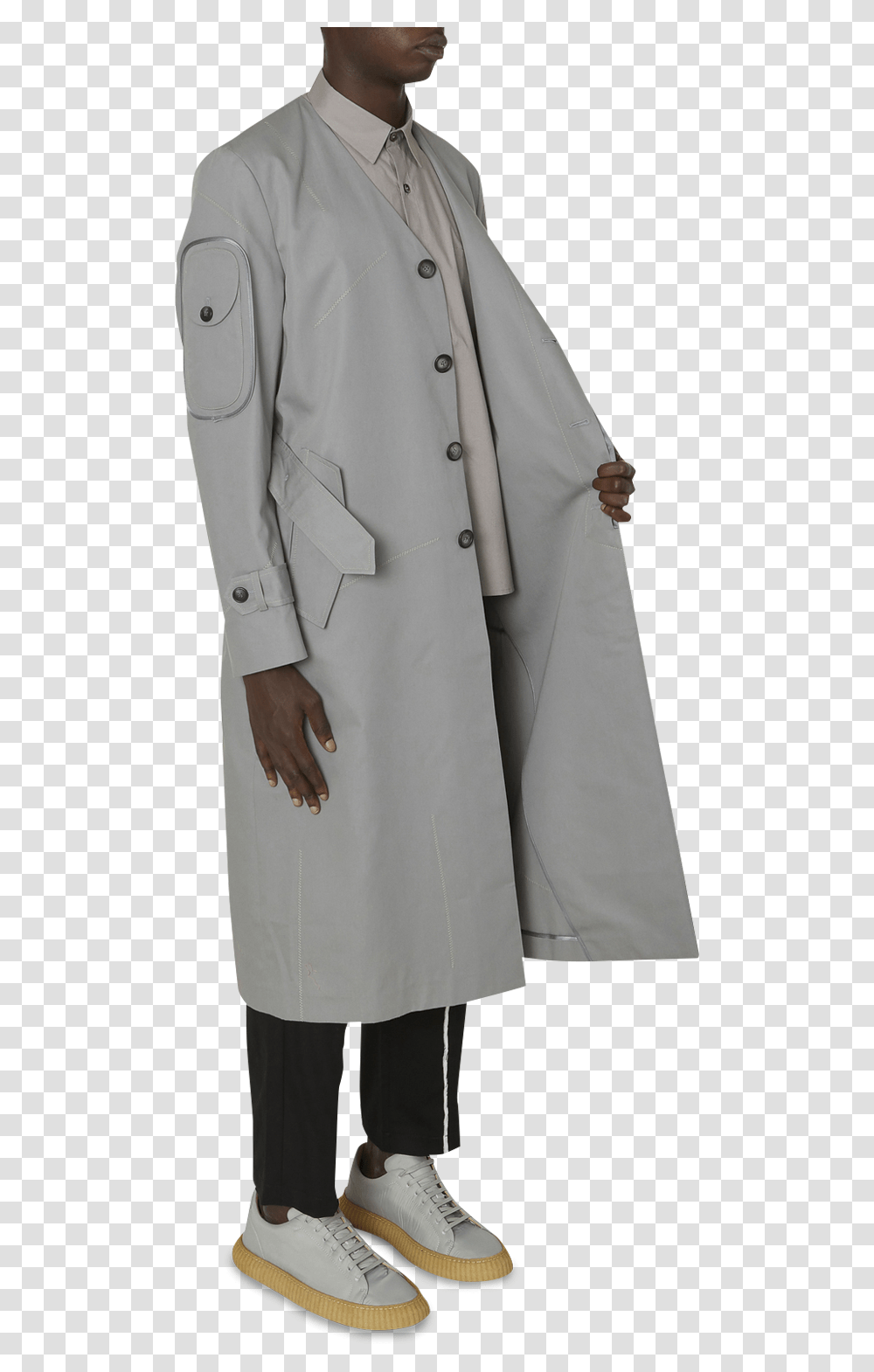 Stiched Pockets Trench Grey Hi Res, Apparel, Overcoat, Person Transparent Png