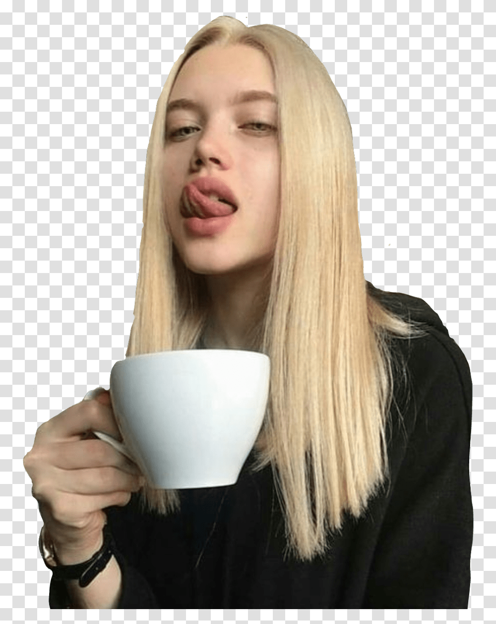 Sticker Girl Blonde Aesthetic Coffee Drinking Blonde Straight Hair Aesthetic, Face, Person, Female, Coffee Cup Transparent Png
