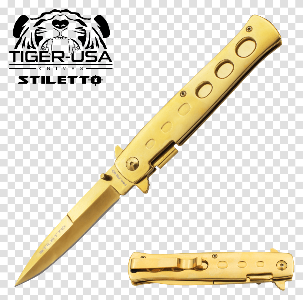 Stiletto Milano Knife Gold, Weapon, Weaponry, Blade, Dagger Transparent Png