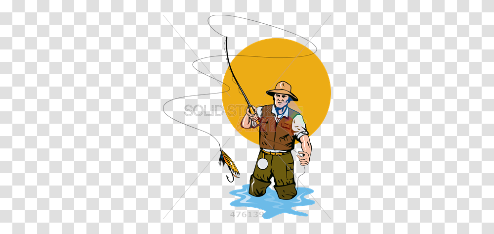 Stock Illustration Of Cartoon Rendition Of Fisherman Fly Fishing, Person, Water, Outdoors, Hat Transparent Png