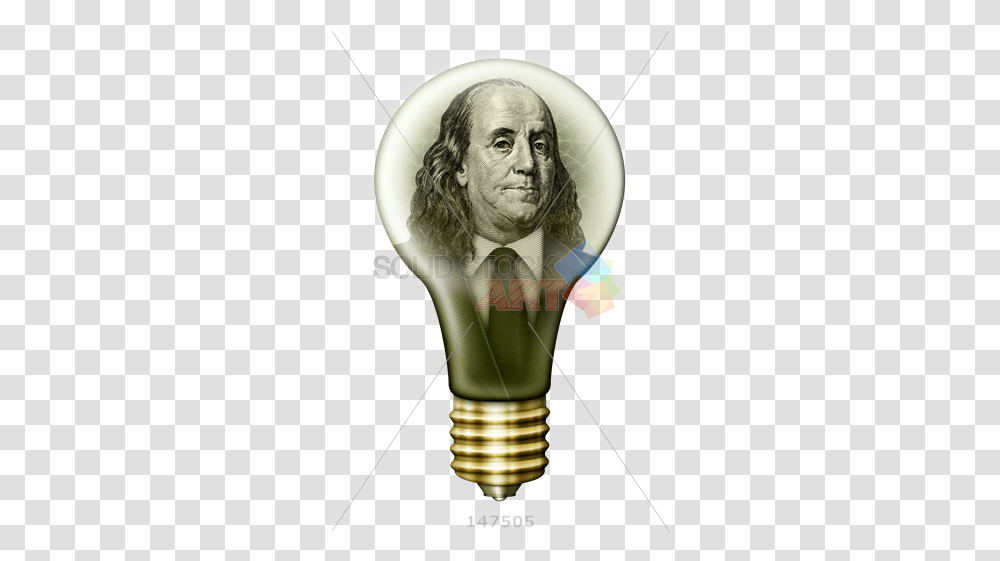 Stock Photo Of Money Light Bulb With Benjamin Franklin Incandescent Light Bulb, Lightbulb, Person, Human, Art Transparent Png
