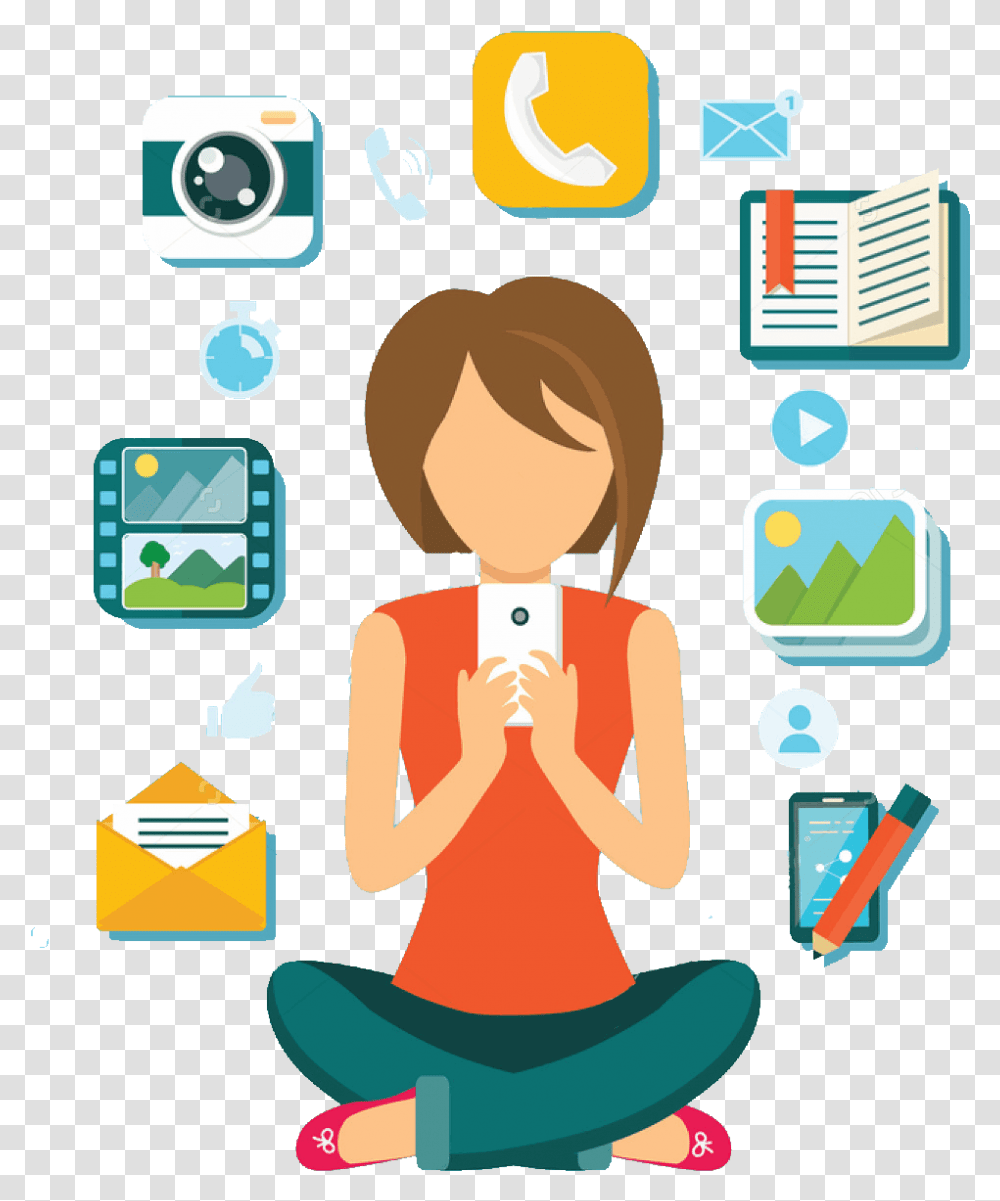 Stock Vector Woman User Smartphone Design Flat Computer Mobile Phone User, Person, Text, Label, Video Gaming Transparent Png