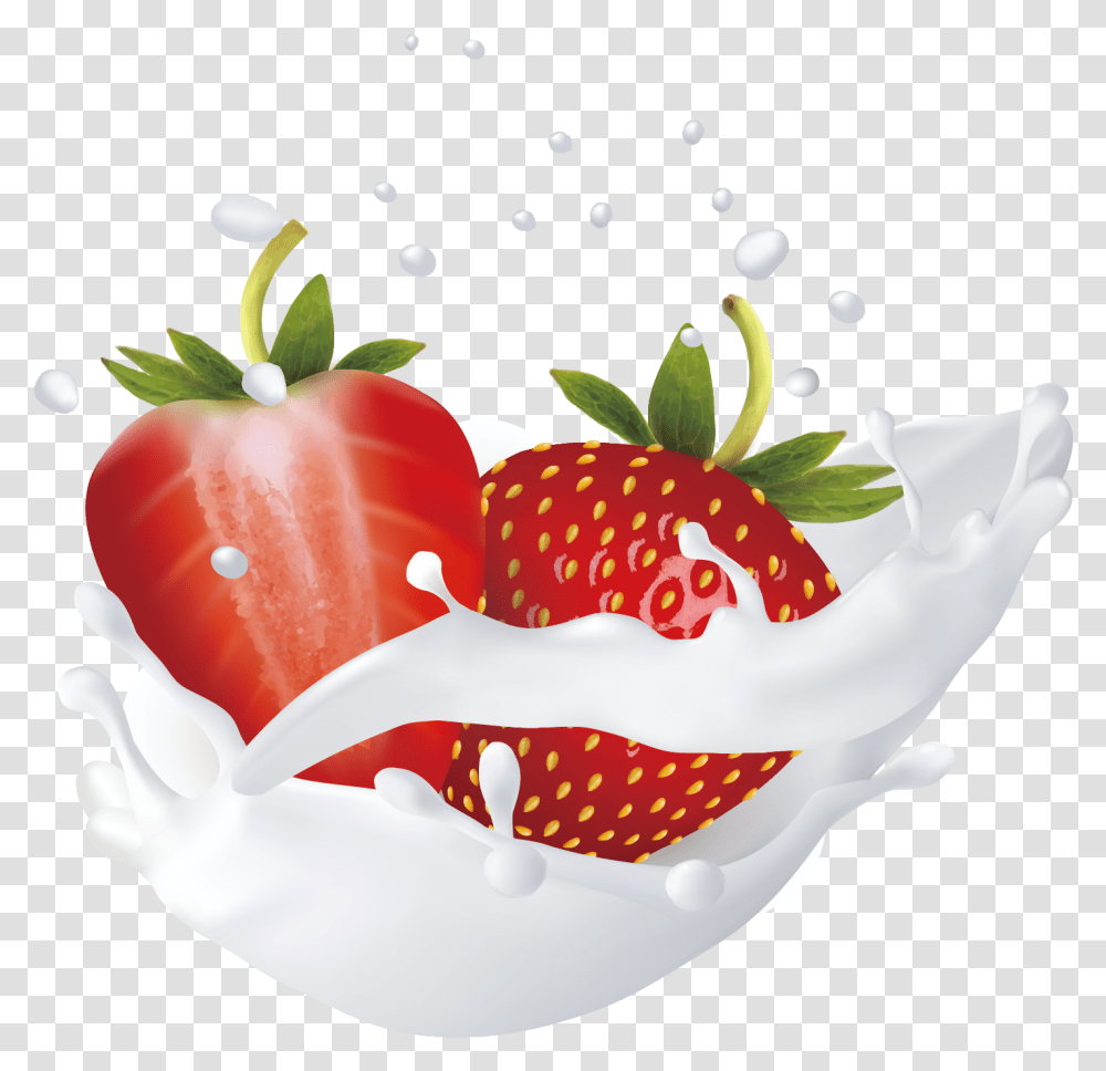 Strawberries Clipart Splash Strawberry Milk Splash, Plant, Birthday Cake, Dessert, Food Transparent Png