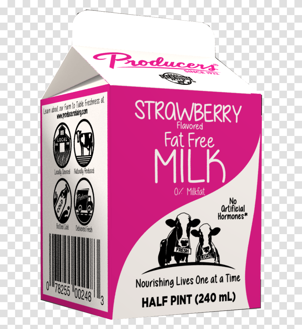 Strawberry Fat Free Milk Carton, Label, Box, Cardboard Transparent Png