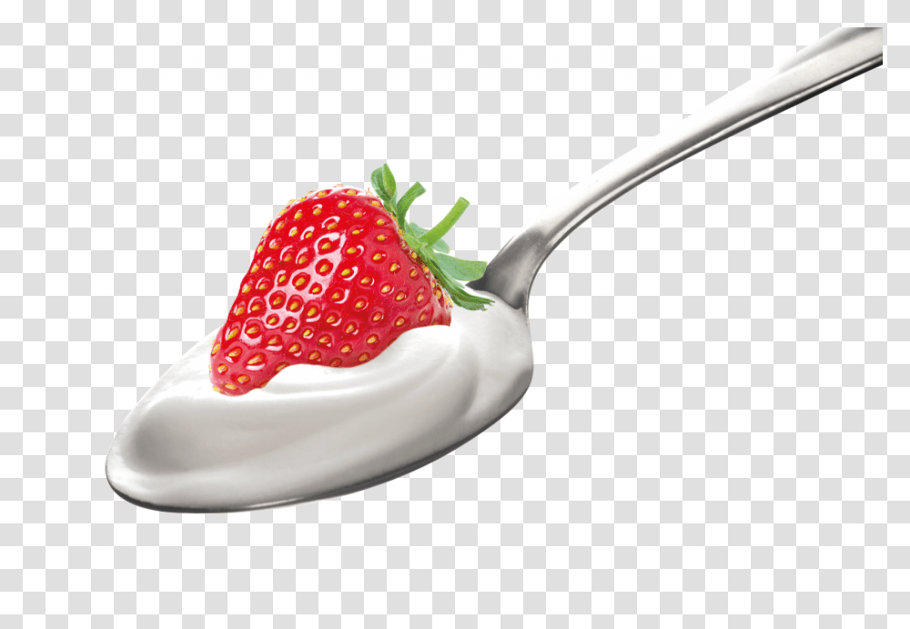 Strawberry With Yogurt Download Strawberry Yogurt On Spoon, Fruit, Plant, Food, Cutlery Transparent Png
