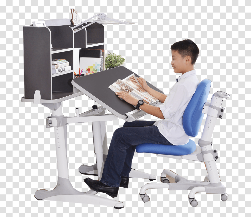 Study Table And Chair With Shelf, Person, Human, Sitting, Furniture Transparent Png