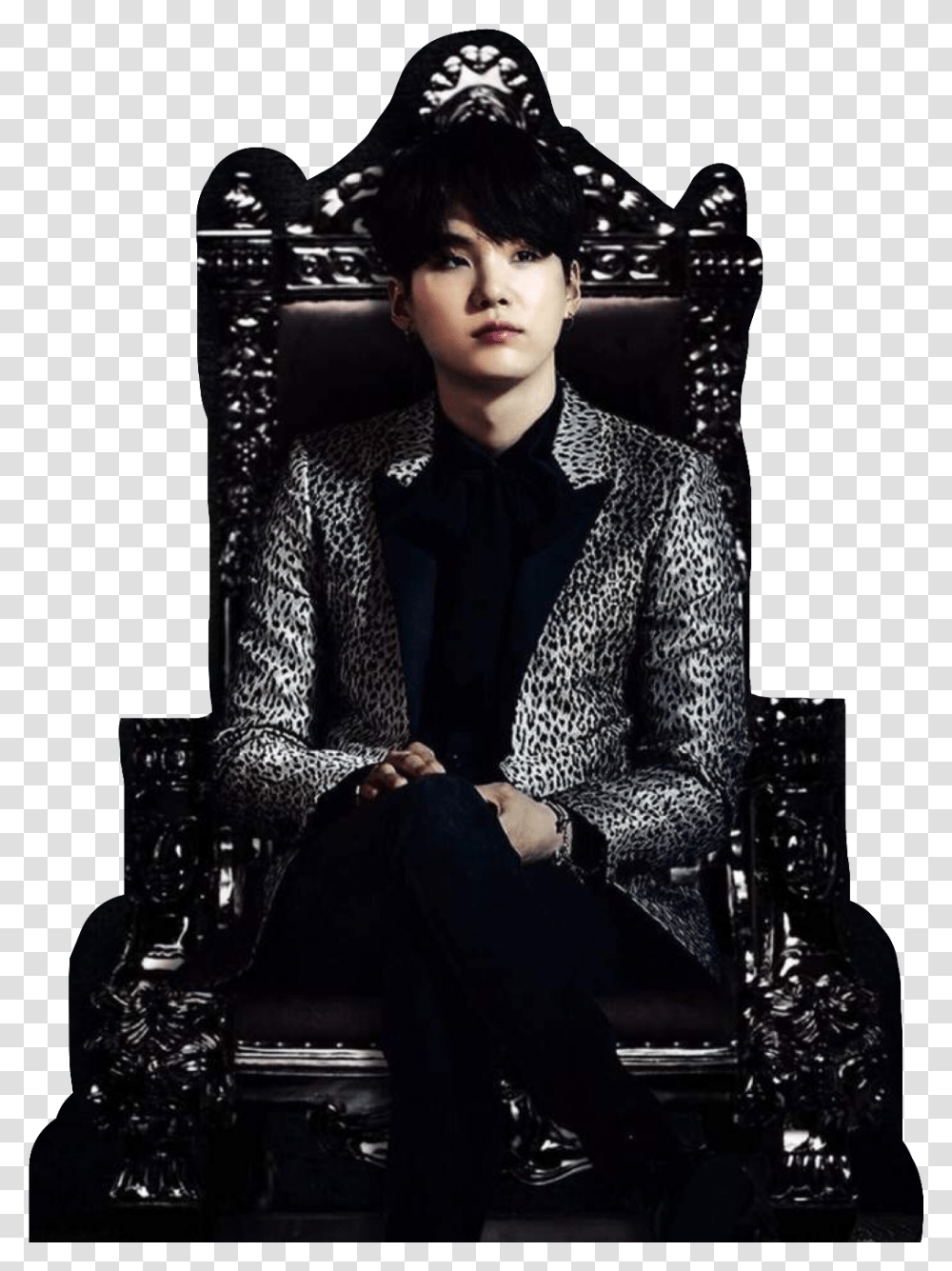 Suga Bts Dark Fancy Royalty Kpop Minyoongi Btssuga Yoongi With A Black Background, Furniture, Sitting, Person Transparent Png