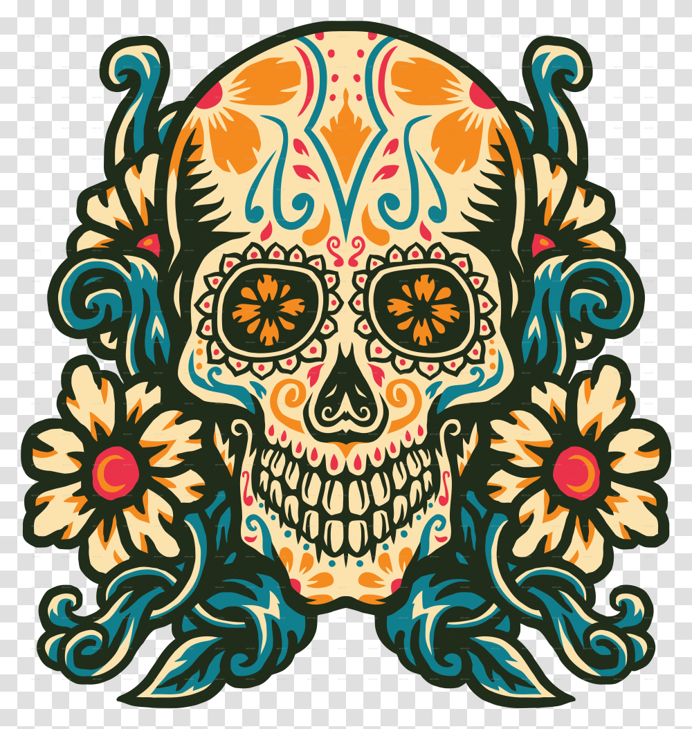 Sugar Skull With Flower Border Sugar Skull, Doodle, Drawing, Art, Graphics Transparent Png