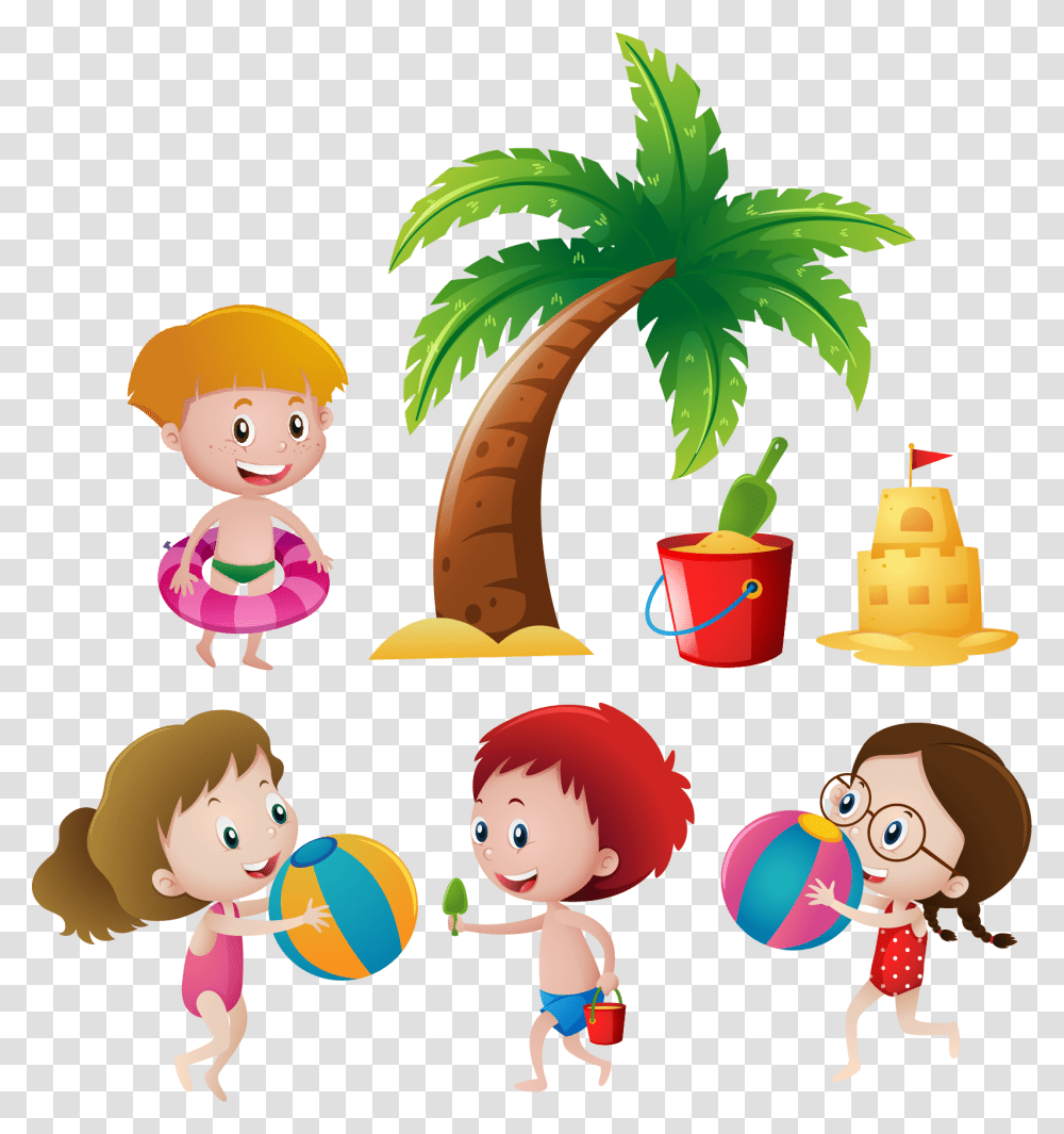 Summer Kids Painted Hand Euclidean Vector Child Clipart Child On Beach Cartoon, Palm Tree, Plant, Arecaceae, Drawing Transparent Png