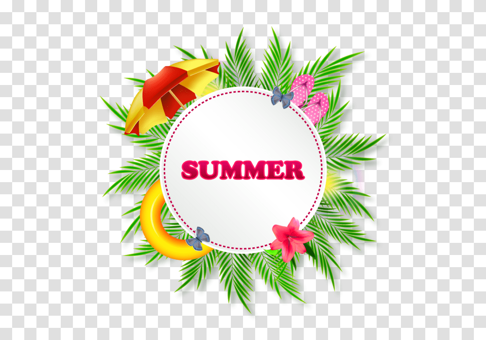 Summer Sticker Or Poster With Palm Leaves Summer Round Sun, Plant, Floral Design Transparent Png