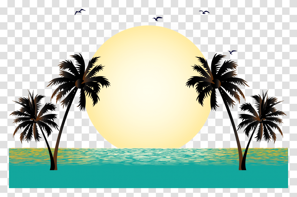 Summer Vacation Beach Palm Tree Silhouette Clip Art Black Coconut Tree Vector, Graphics, Plant, Sun, Sky Transparent Png