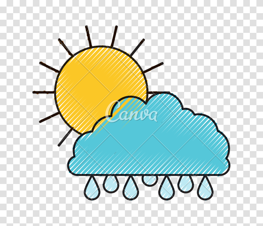 Sun And Cloud With Drops Rain Colored Crayon Silhouette, Nature, Outdoors, Astronomy, Brush Transparent Png