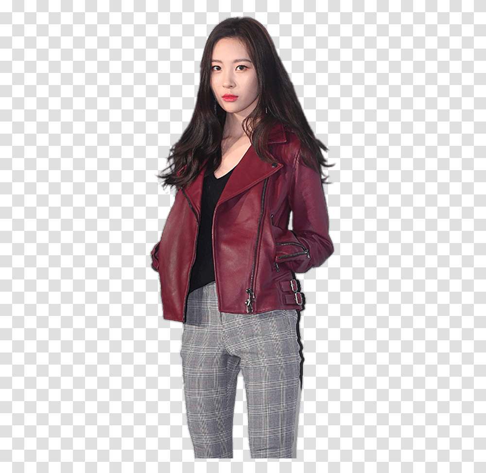 Sunmi Red Leather Jacket Sunmi, Apparel, Coat, Person Transparent Png