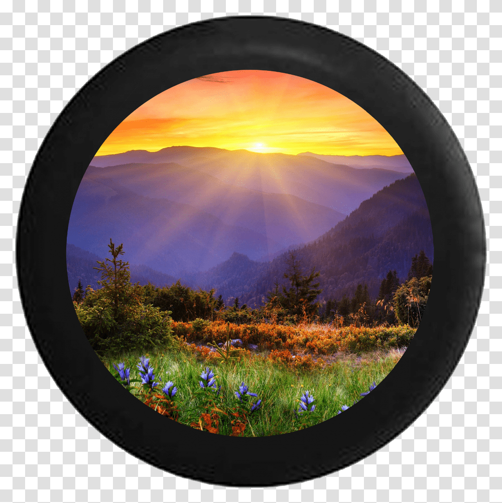 Sunrise Sunset Behind Mountain Range Field Of Flowers Beautiful Sunset Good Morning Transparent Png