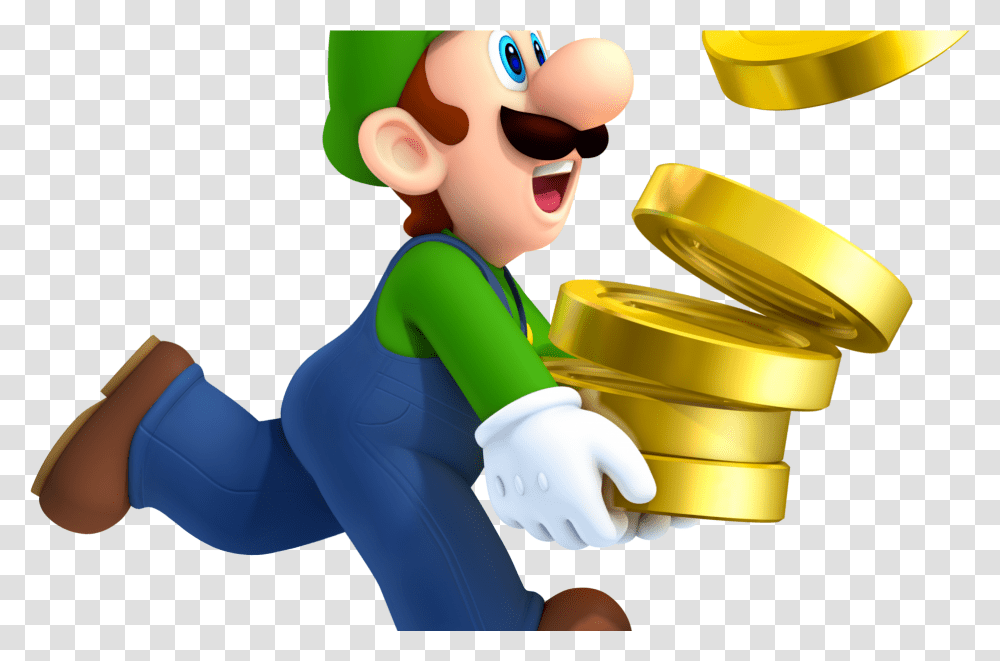 Super Mario Clipart Luigi Holding Coins, Gold, Person, Human, Toy Transparent Png