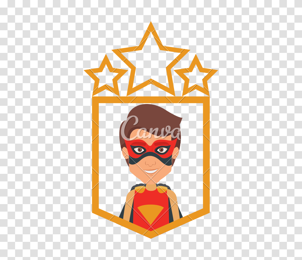 Superhero In Frame With Golden Stars, Logo, Trademark, Person Transparent Png
