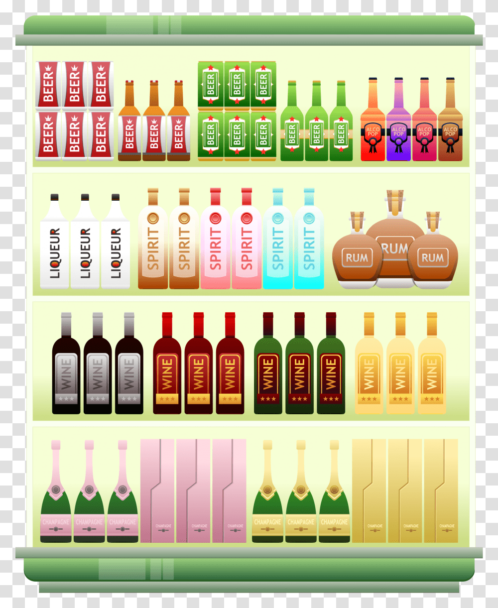 Supermarket Shelf Liquor Alcohol Spirits Beer Drinks Clipart Supermarket, Beverage, Bottle, Kiosk Transparent Png