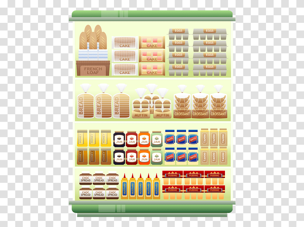 Supermarket Shelf Products Grocery Egg Bread Food Shelf, Word, Alphabet, Label Transparent Png