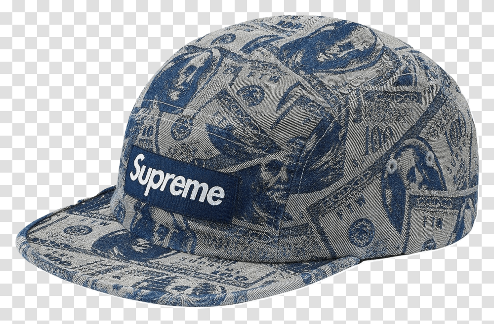 Supreme 100 Dollar Bill Camp Cap New Supreme Hat, Clothing, Apparel, Baseball Cap Transparent Png