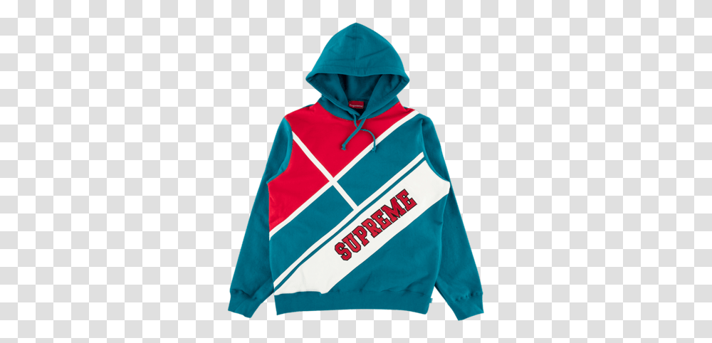 Supreme Diagonal Hooded Sweatshirt, Apparel, Sweater, Person Transparent Png