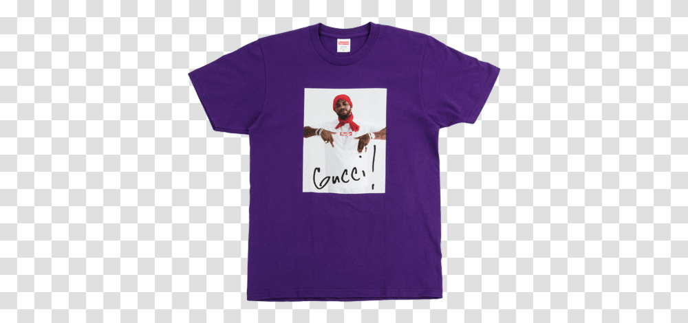 Supreme Gucci Mane Tee Supreme Gucci Mane Tee Purple, Apparel, T-Shirt, Person Transparent Png