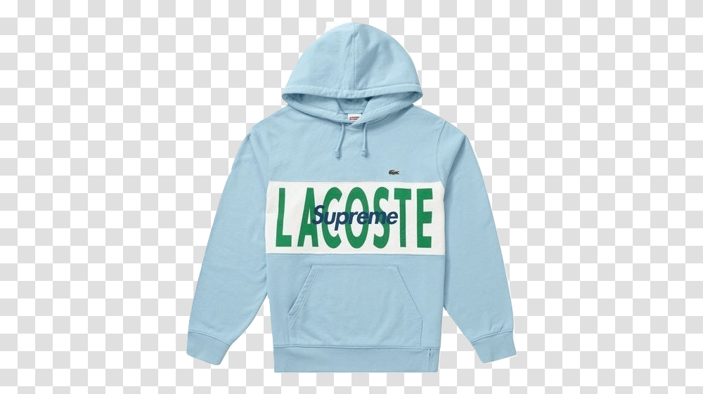 Supreme Lacoste Logo Panel Hooded Sweatshirt Light Blue Hoodie, Clothing, Apparel, Sweater, Person Transparent Png