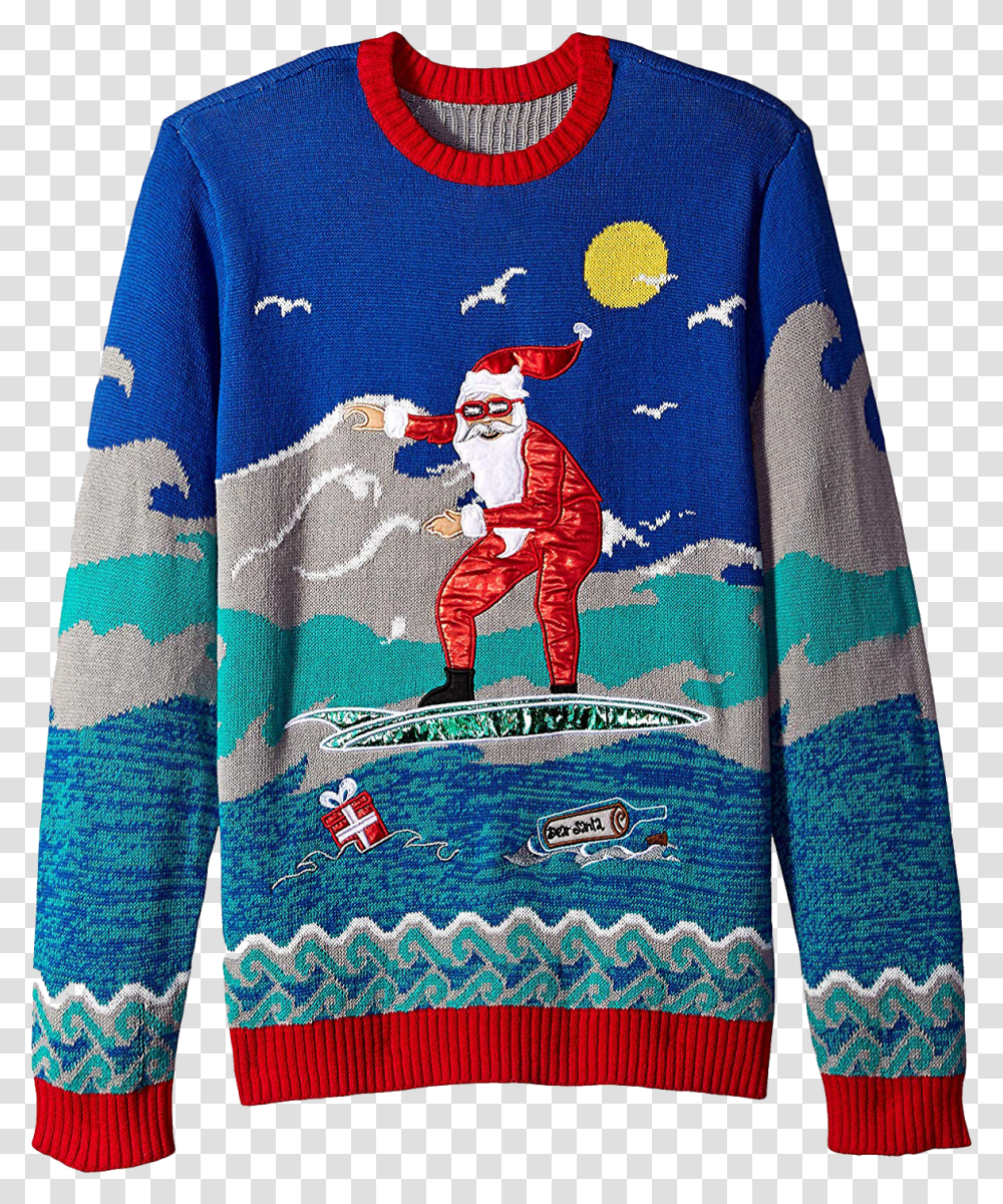 Surfing Santa Ugly Christmas Sweater, Sleeve, Clothing, Apparel, Long Sleeve Transparent Png