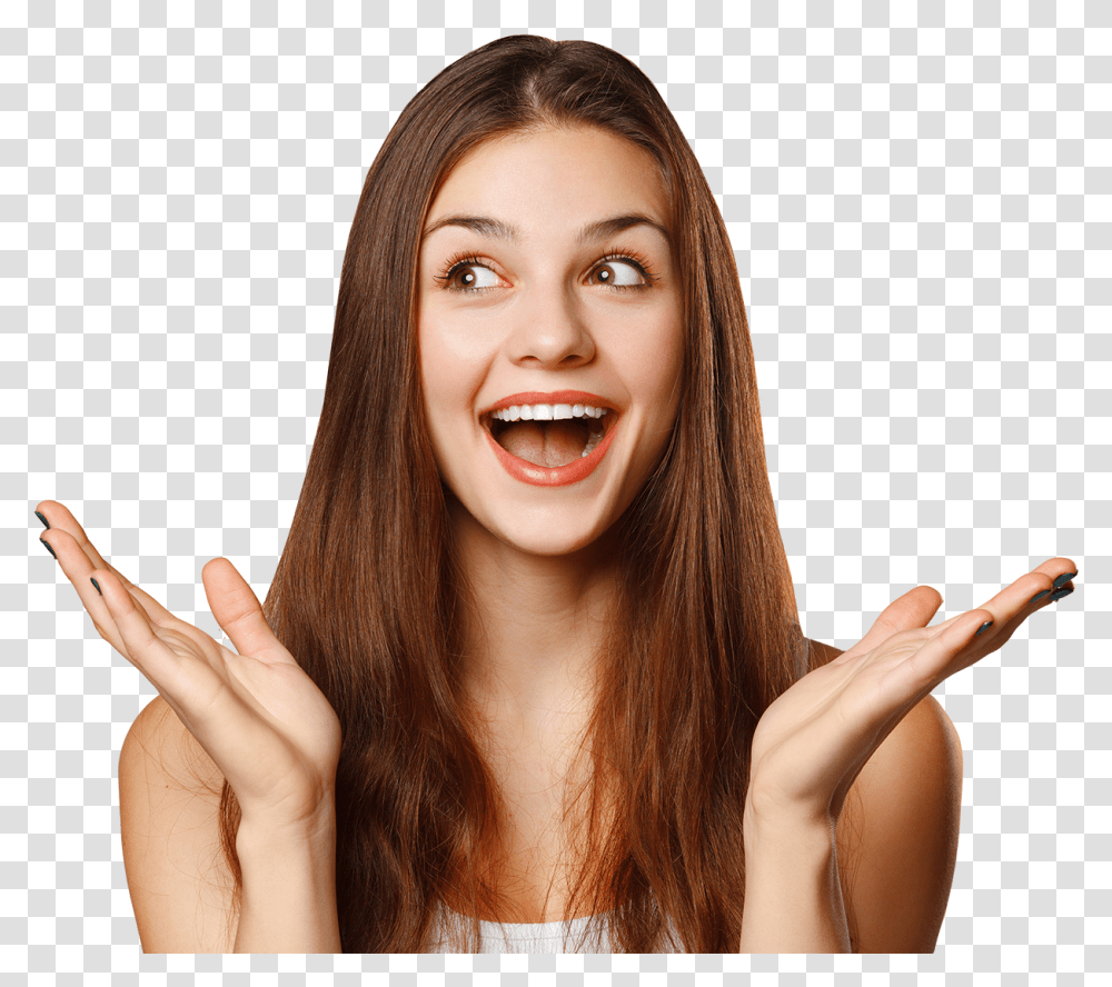 Surprised Happy Beautiful Woman Looking Sideways In Happy Woman, Person, Human, Face, Finger Transparent Png