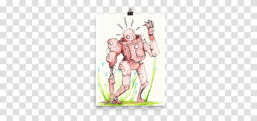 Surprised Red Robot With Blue Flowers Poster Cartoon, Person, Human, People, Drawing Transparent Png