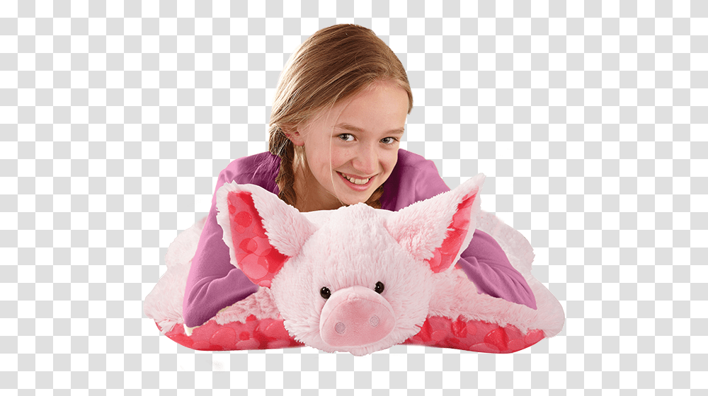 Sweet Scented Bubble Gum Piggy Pillow Pet With Girl Stuffed Toy, Person, Cushion, Female Transparent Png