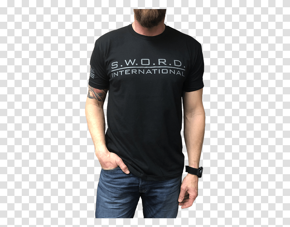 Sword Logo T Shirt Sword International Man, Sleeve, Clothing, Apparel, Person Transparent Png