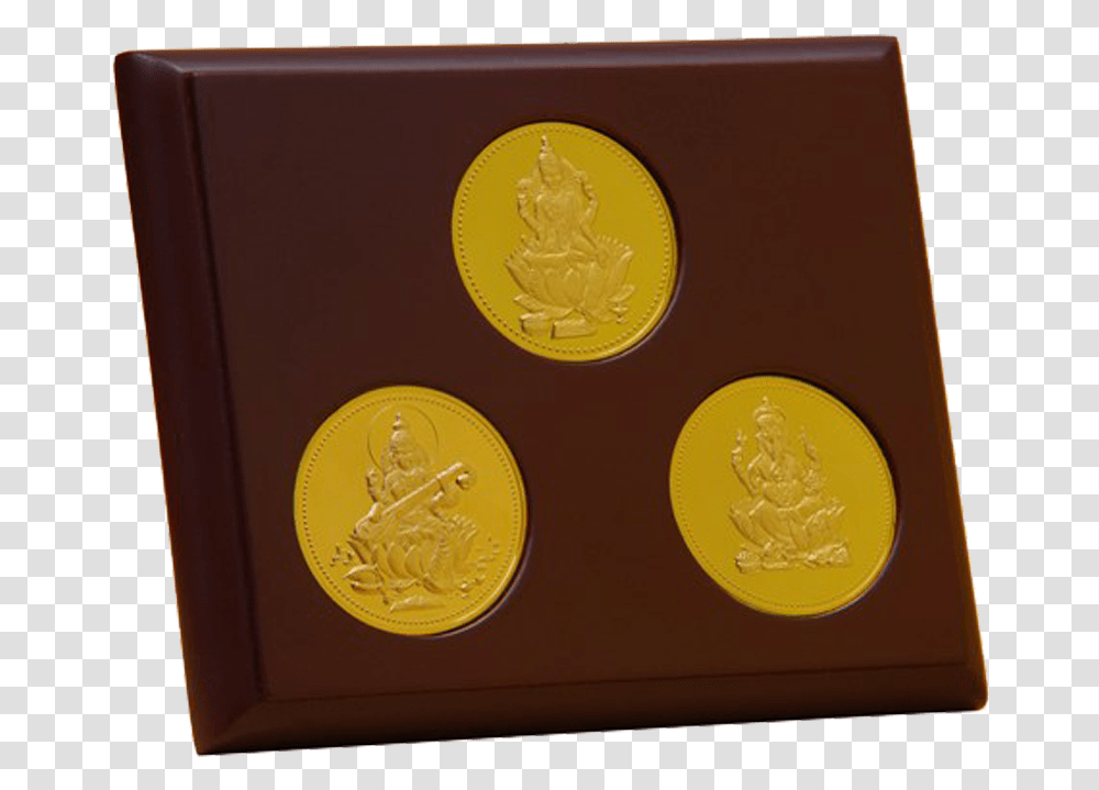 Table Lakshmiji Ganeshji And Saraswatiji Plain Coin, Gold, Gold Medal, Trophy, Passport Transparent Png