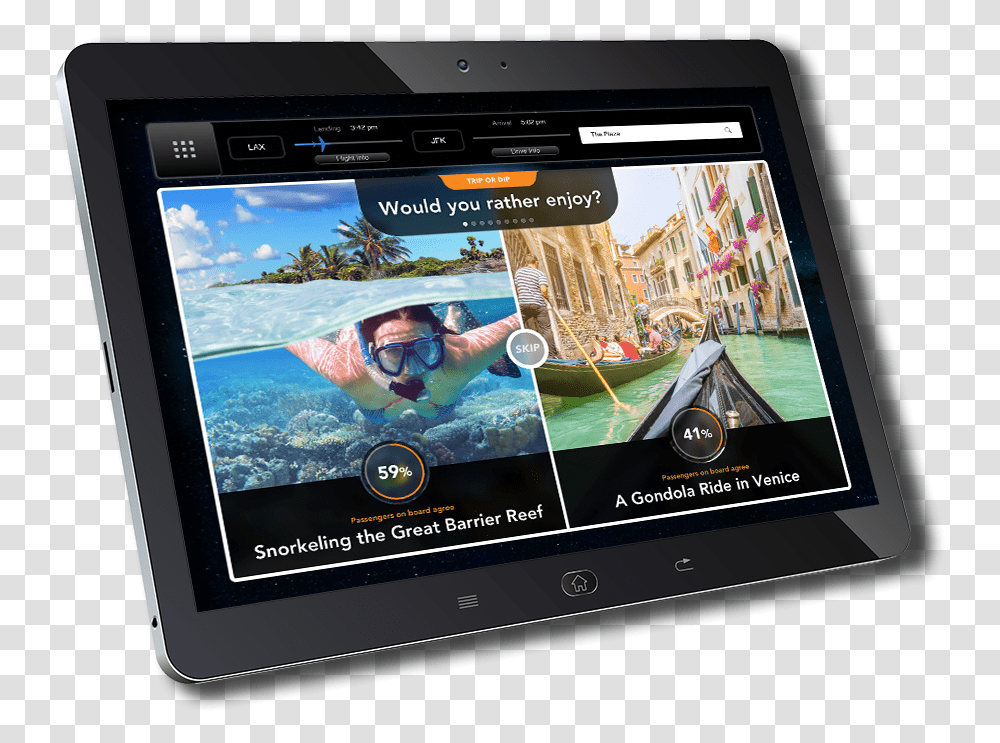 Tablet Computer Showing Our Trip Or Dip Inflight Travel Tablet Computer, Electronics, Person, Human, Sunglasses Transparent Png