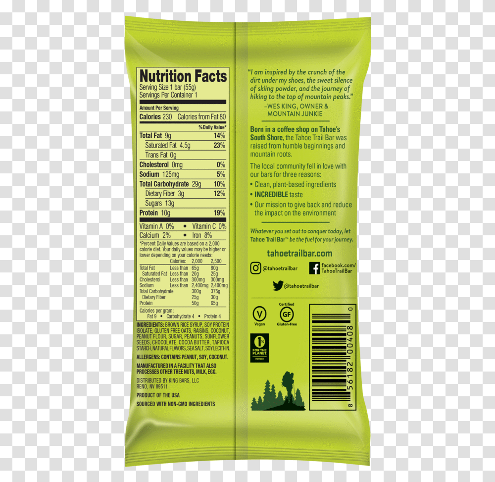 Tahoe Trail Bar Nutrition Facts Label, Text, Paper, Advertisement, Poster Transparent Png