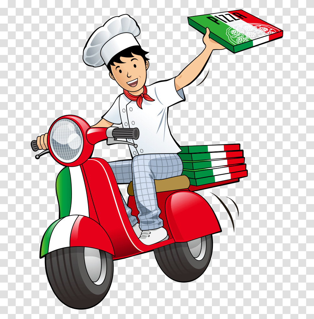 Take Out Restaurant Deliveryman Delivery Vector Pizza Pizza Delivery, Person, Human, Vehicle, Transportation Transparent Png