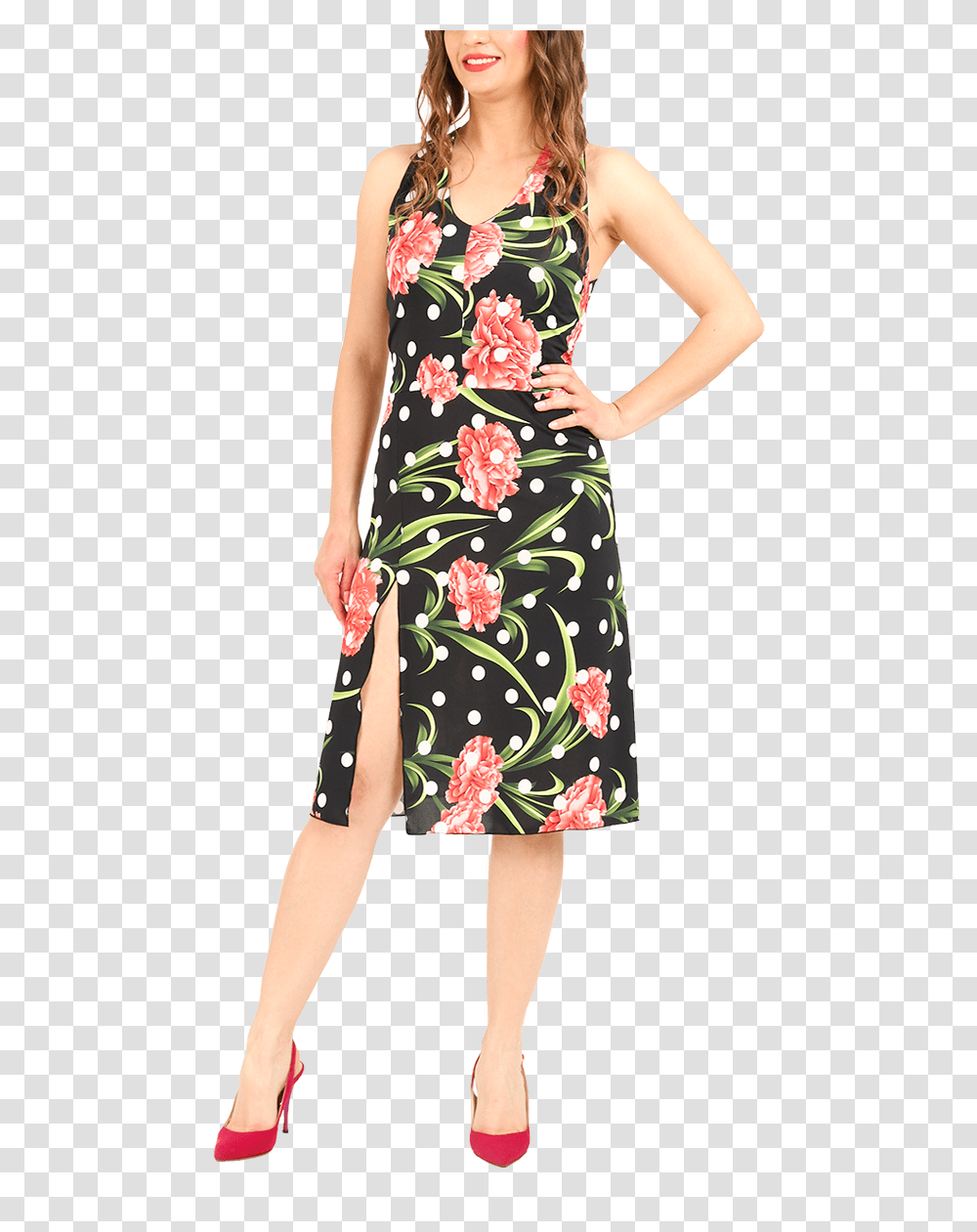 Tango Dress With Carnation Flowers Amp Polka Dot Print Day Dress, Apparel, Female, Person Transparent Png