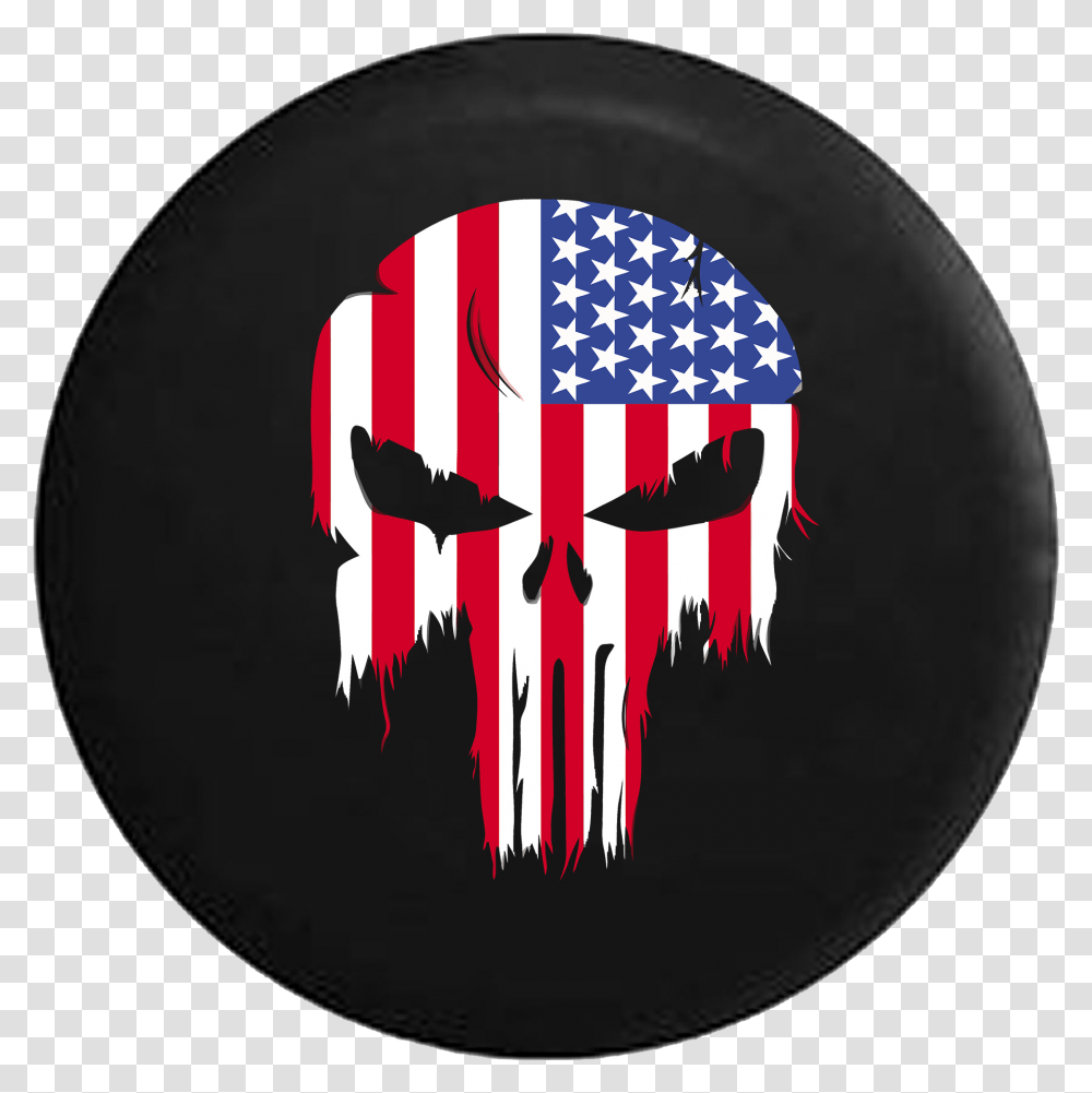 Tattered American Flag Punisher Skull Rv Camper Spare Punisher Skull American Flag, Logo, Trademark, Baseball Cap Transparent Png