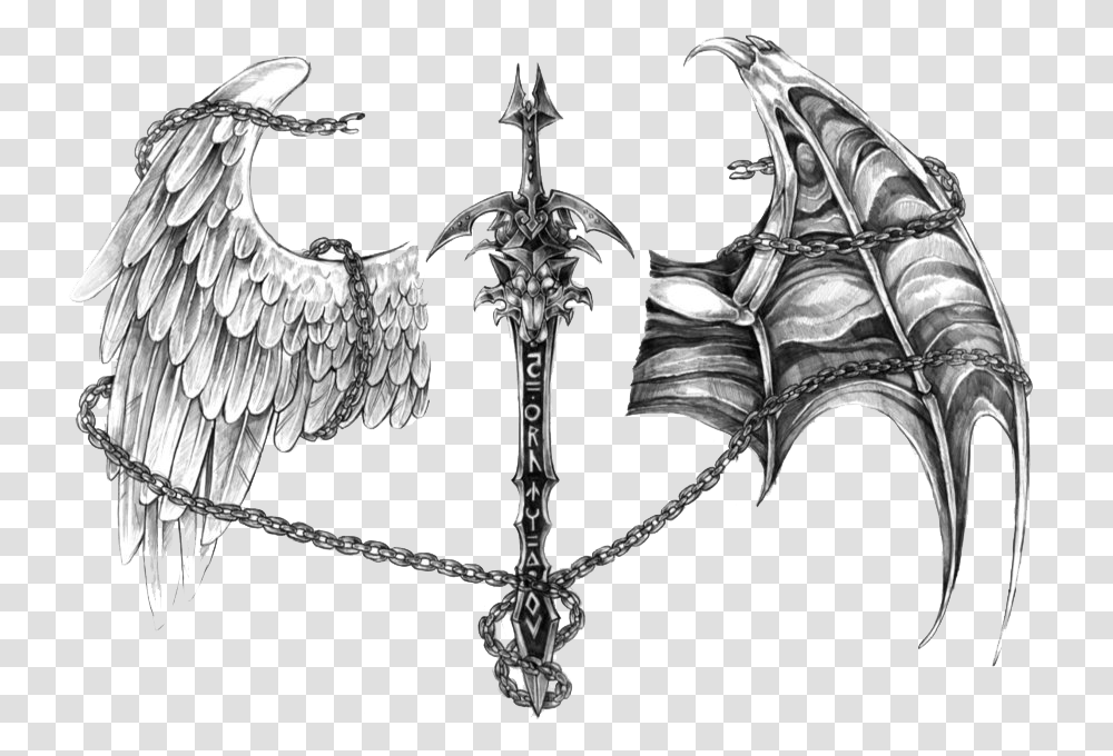 Tattoo Devil Demon Drawing Angel Free Image Angel And Devil Wing Tattoo, Chandelier, Lamp, Weapon, Weaponry Transparent Png