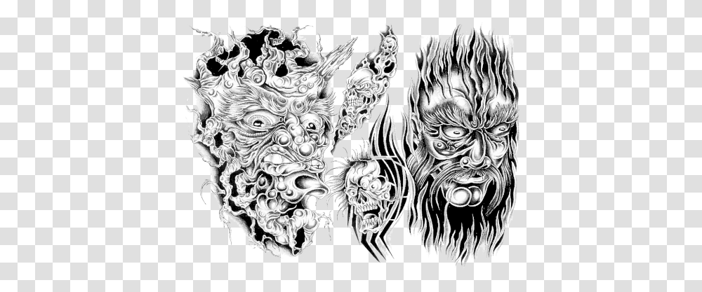 Tattoo With Background Black And Grey Oni Tattoo Flash, Doodle, Drawing, Art, Graphics Transparent Png